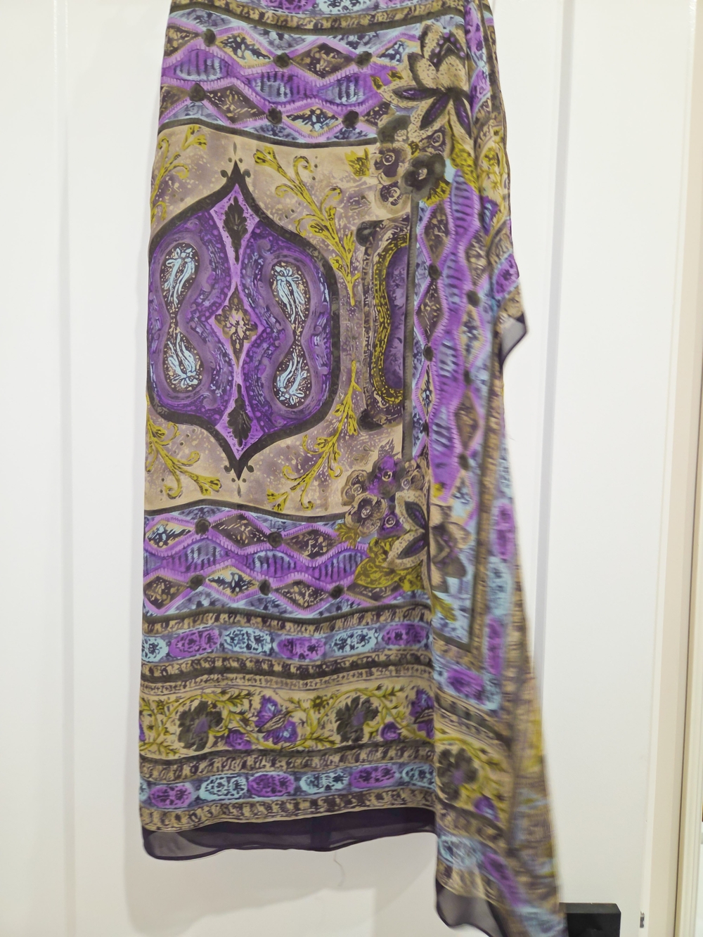 Dana Buchman Purple and Green Floral Paisley Maxi Wrap Silk Skirt